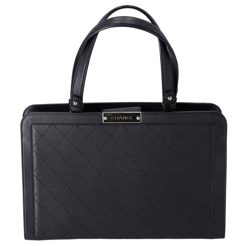CHANEL Large Label Click Shopper Tote Black Stitched Grained Calfskin